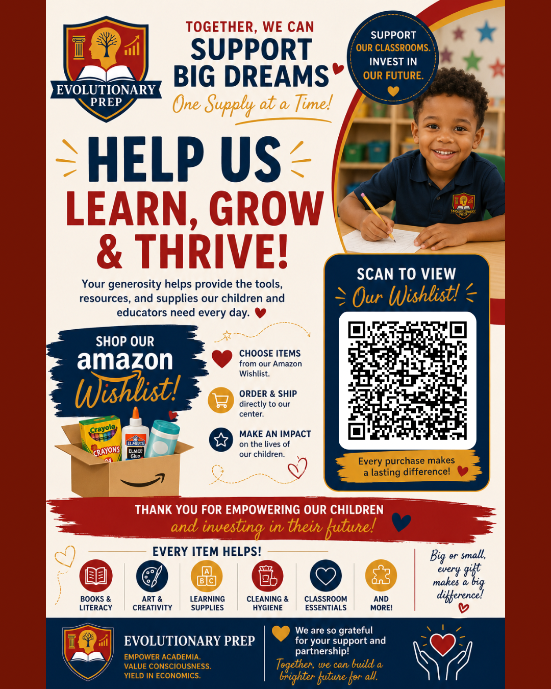 Evolutionary Prep Amazon Wishlist flyer — scan the QR code to shop our classroom supply wishlist