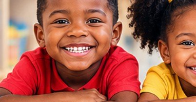 Two smiling young children resting at a classroom table
