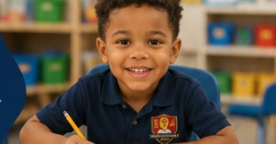 A young boy in a navy polo shirt smiling while writing with a pencil at his desk