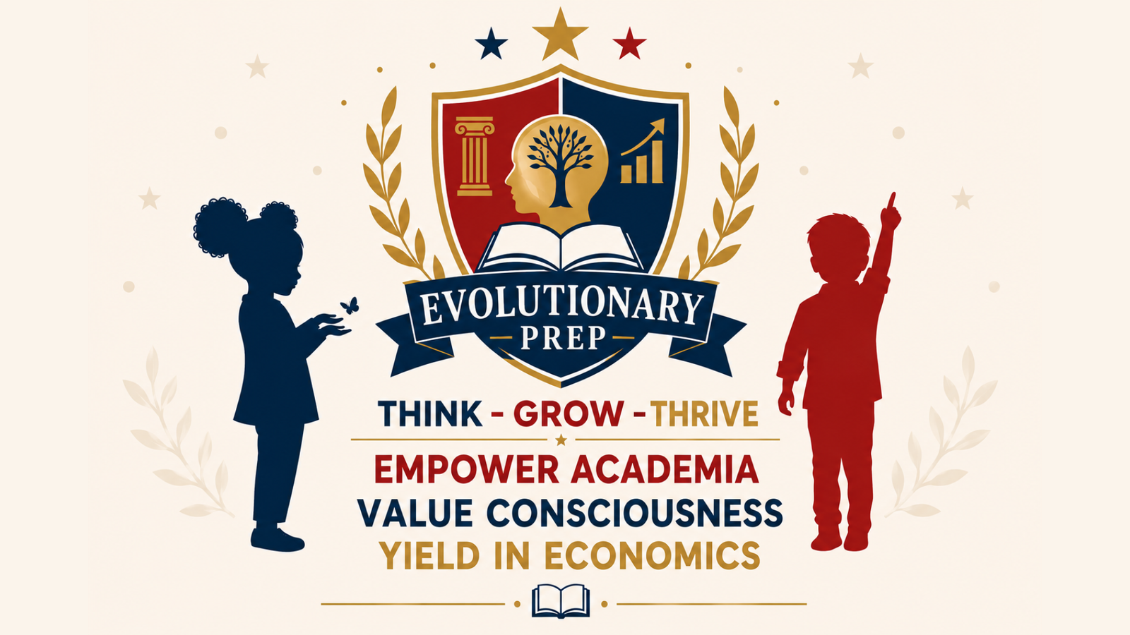 Evolutionary Prep crest with the words Think, Grow, Thrive and the three pillars Empower Academia, Value Consciousness, Yield in Economics