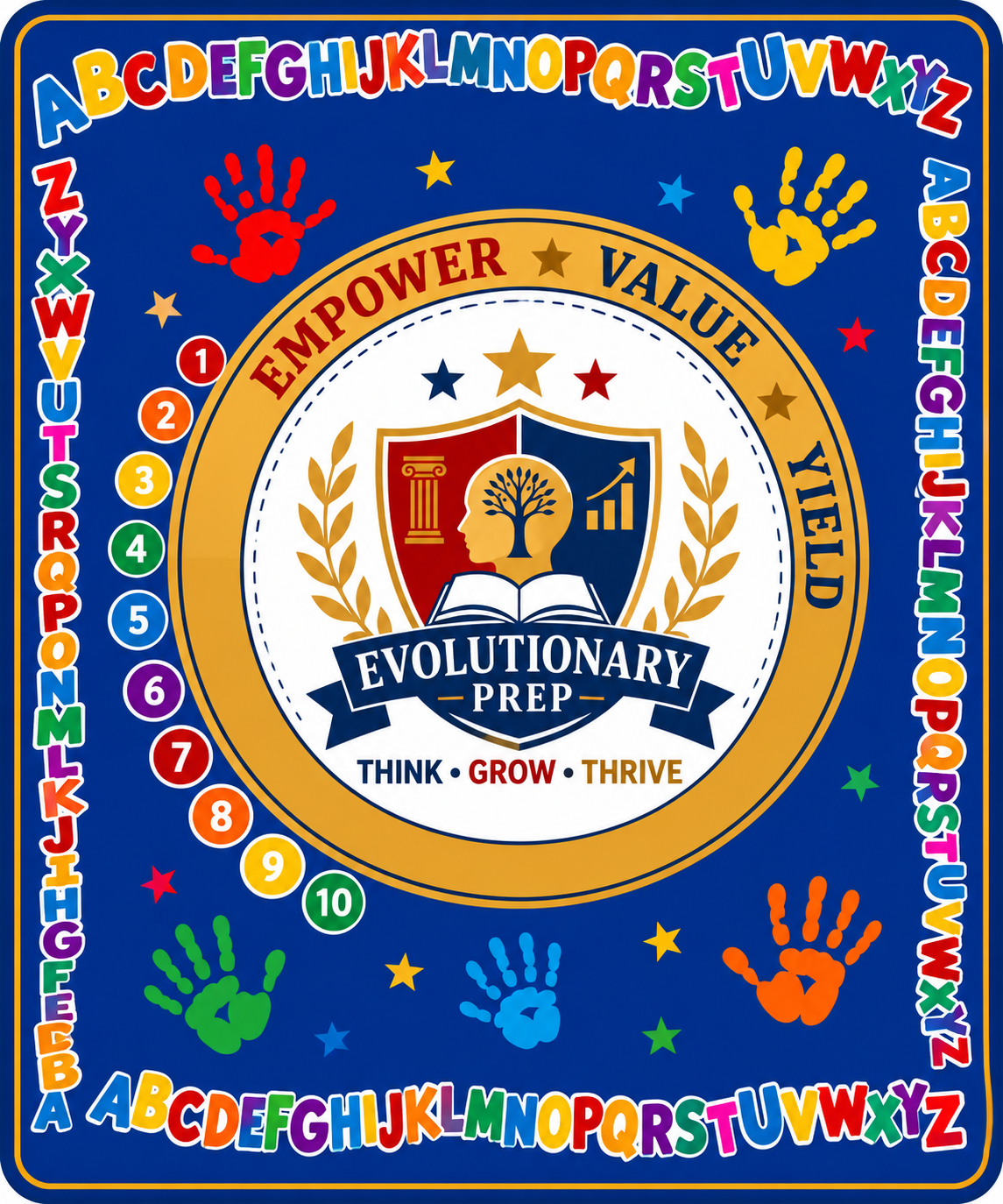 Alphabet learning blanket featuring the Evolutionary Prep crest