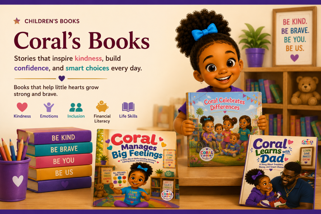 Coral’s Books: children’s picture books that build kindness, confidence and smart choices, including Coral Manages Big Feelings, Coral Celebrates Differences and Coral Learns with Dad.