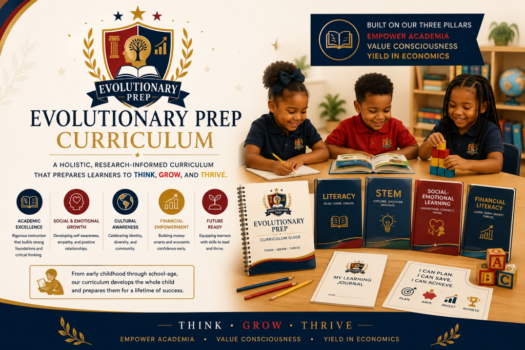 Evolutionary Prep Curriculum: a holistic, research-informed early childhood curriculum built on academic excellence, social and emotional growth, cultural awareness, financial empowerment and family readiness.