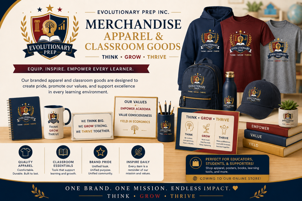 Evolutionary Prep merchandise: branded apparel and classroom goods including hoodies, tees, caps, mugs, backpacks and posters carrying the Think, Grow, Thrive values.