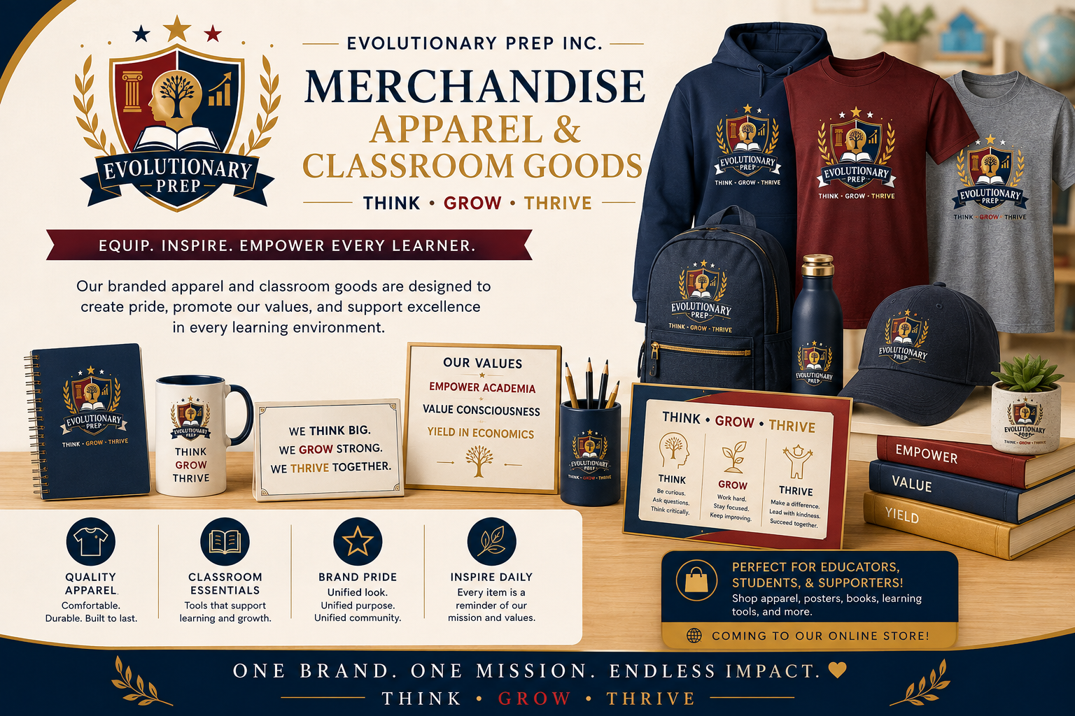 Evolutionary Prep merchandise: branded apparel and classroom goods including hoodies, tees, caps, mugs, backpacks and posters carrying the Think, Grow, Thrive values.