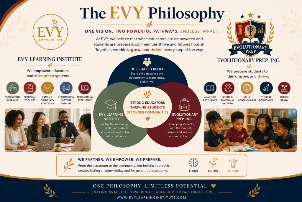 The EVY Philosophy: one vision, two pathways — EVY Learning Institute and Evolutionary Prep, Inc. working together so educators are prepared and children thrive.