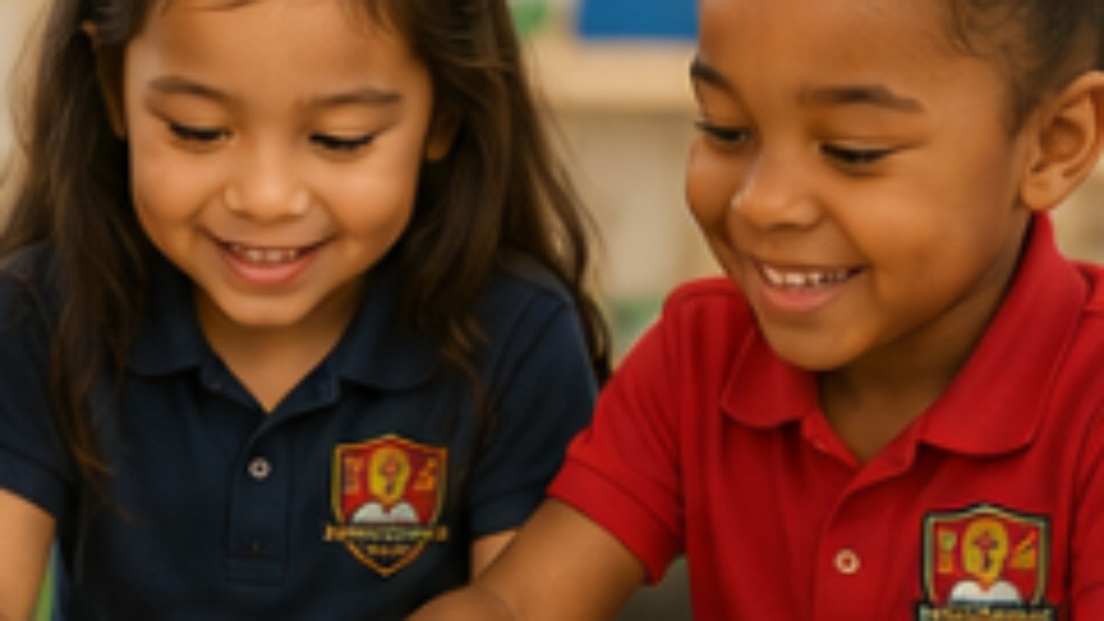 Three young children in Evolutionary Prep polo shirts smiling as they build with coloured wooden blocks in a bright classroom