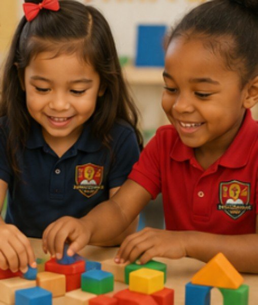 Two children in Evolutionary Prep uniforms working together at a table below a Learn Grow Thrive classroom display