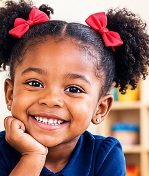 A smiling preschool girl resting her chin on her hand at a classroom table