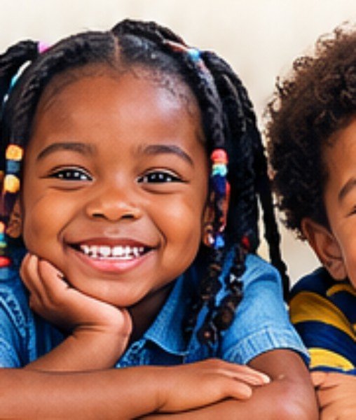 Two smiling young children resting together at a classroom table